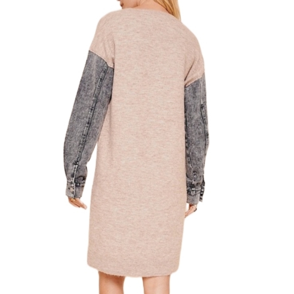 NWT  Hem & Thread  Denim Sleeve  Sweater Dress  Women's M Beige w/Charcoal - Picture 4 of 10
